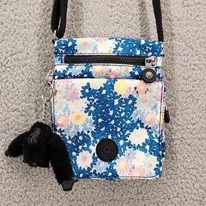 Kipling Floral Print Crossbody Bag with‎ Monkey Charm Nylon Shoulder Bag Small